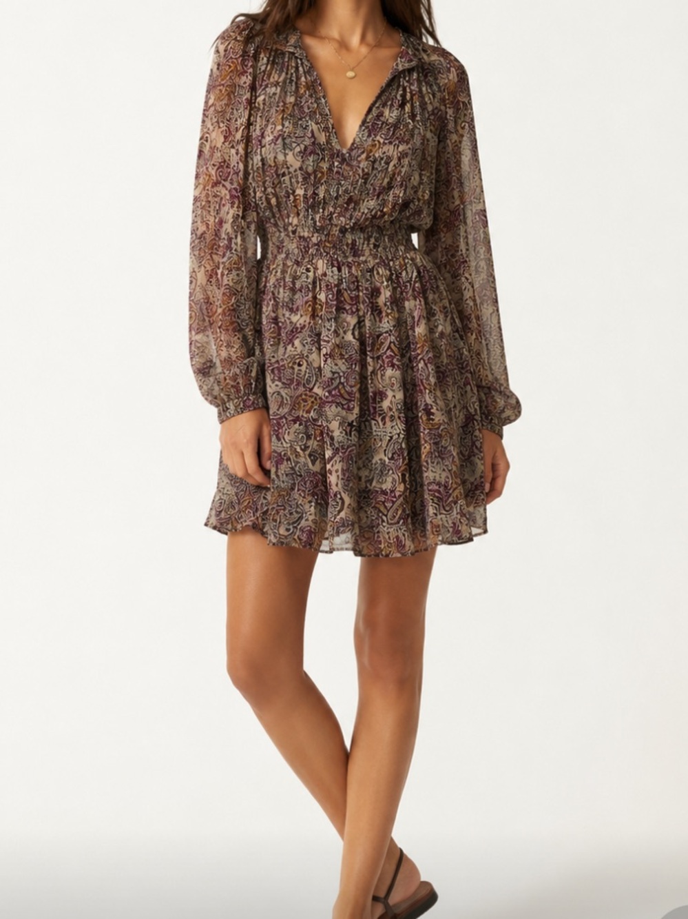 Zara Paisley Smocked-Waist Long Sleeve Dress- NWT